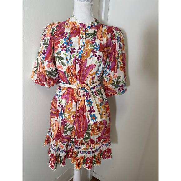 FARM Rio Dresses & Skirts - Farm Rio Pink and Orange Puff Sleee Button Up Belted Mini Dress Sz S